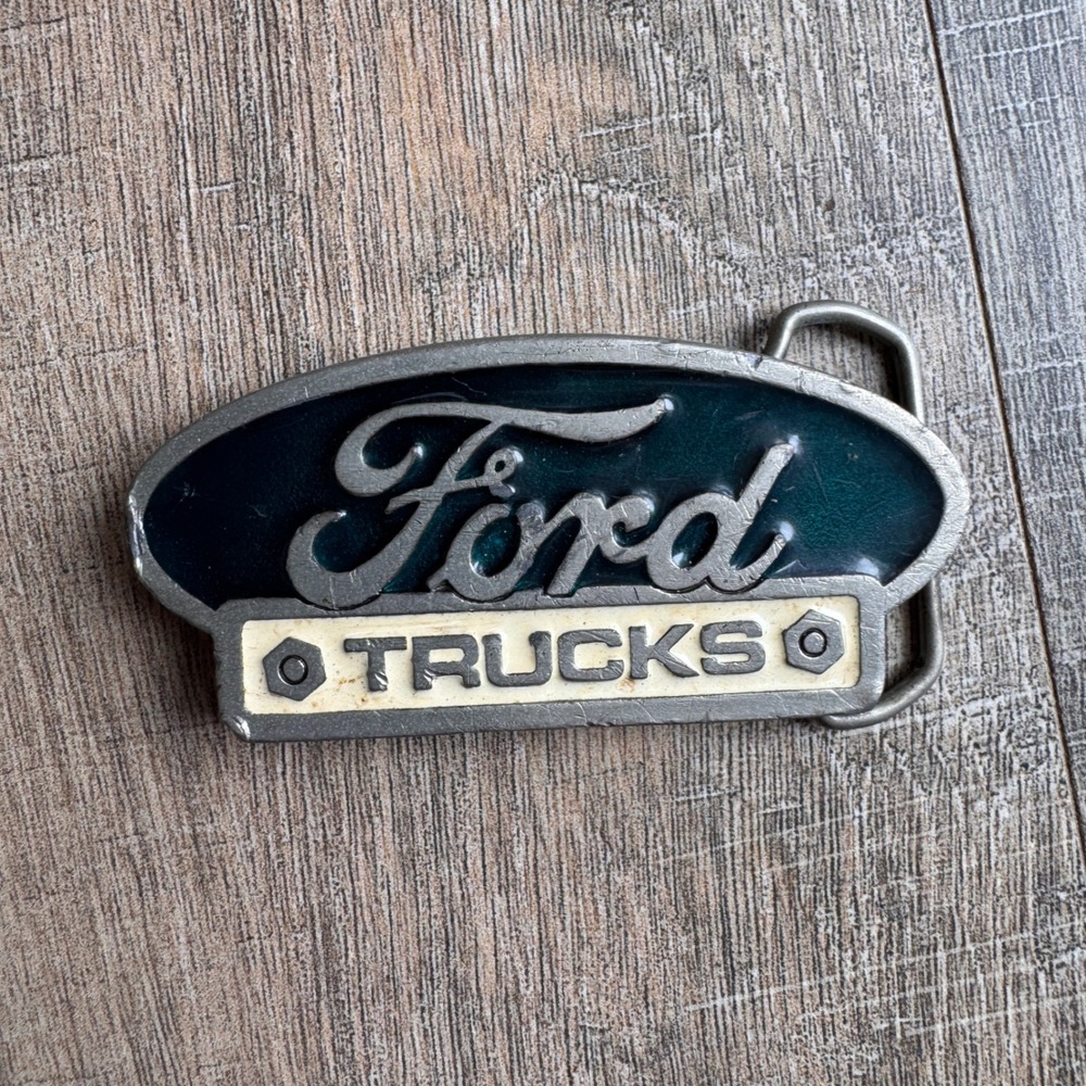 Vintage Ford Trucks Belt Buckle Made in USA Blue Silver Tone Oval 2661